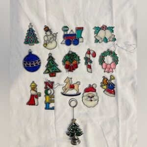 Super Lot Of 14 Vintage Stained Glass Christmas Ornaments Plus Picture Holder